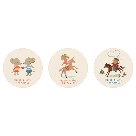 Maileg sticker set featuring three illustrated mice designs with "Spread a Little Happiness" text.