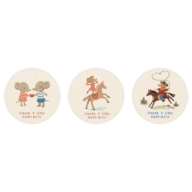 Maileg sticker set featuring three illustrated mice designs with "Spread a Little Happiness" text.