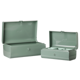 Maileg storage suitcase set in dark mint, open showing a large case and a smaller case with an inner tray.
