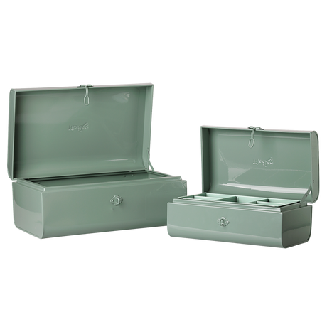 Maileg storage suitcase set in dark mint, open showing a large case and a smaller case with an inner tray.