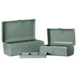 Maileg storage suitcase set in dark mint with an inner organizer tray.
