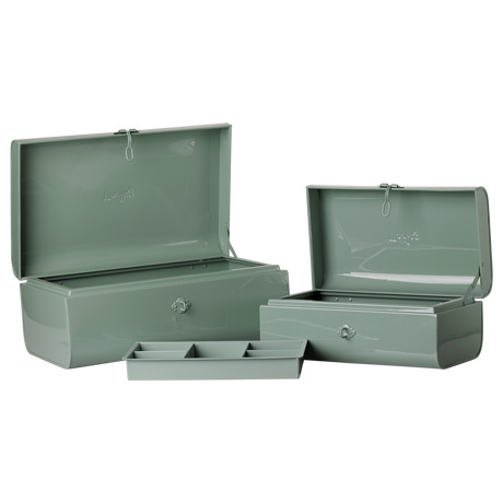 Maileg storage suitcase set in dark mint with an inner organizer tray.