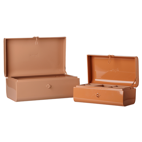 Maileg storage suitcase set in powder and coral metal toy boxes with removable divider tray.