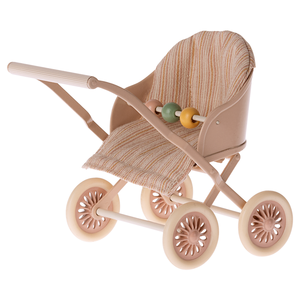Vintage-style toy stroller with a tan and brown-striped fabric seat. It has four cream wheels and two wooden beads on the front bar, set against a white background.