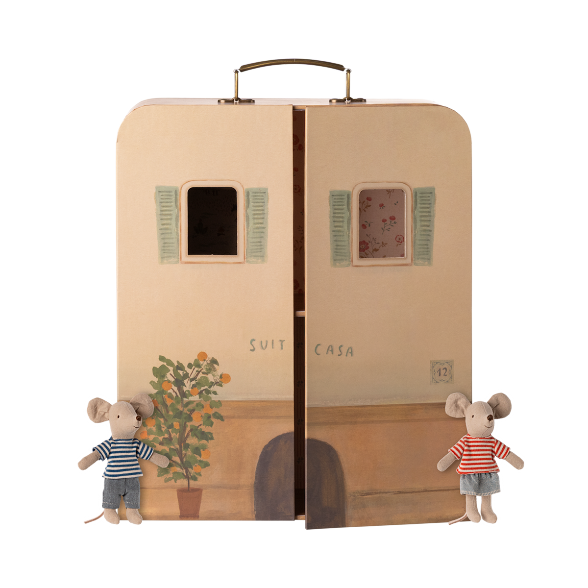 Dollhouse shaped like a suitcase, featuring mouse figurines.