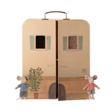 Dollhouse shaped like a suitcase, featuring mouse figurines.