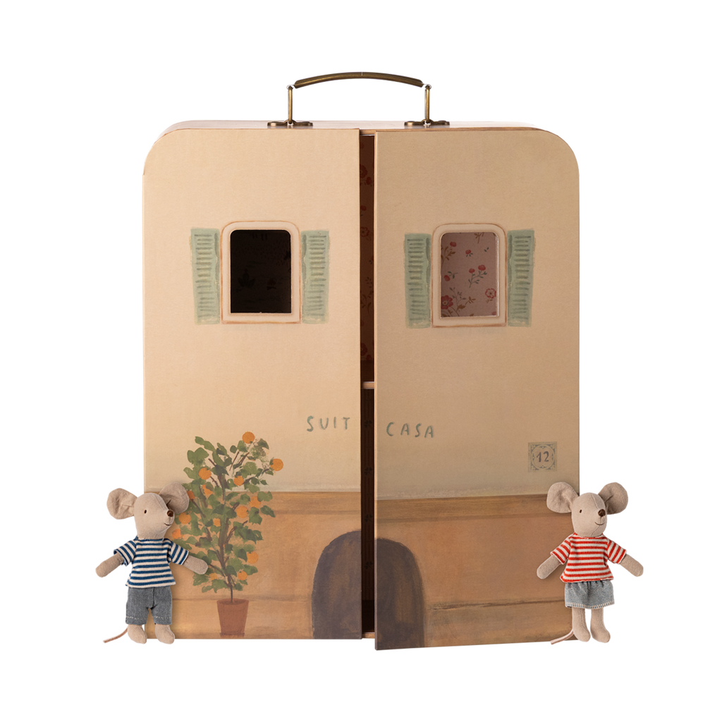 Dollhouse shaped like a suitcase, featuring mouse figurines.