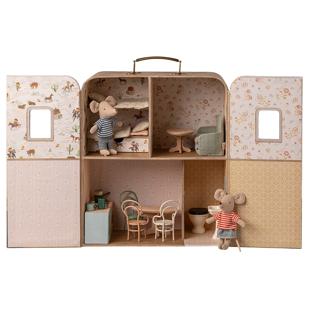 Dollhouse shaped like a suitcase, featuring mouse figurines. It has a cozy bedroom, a living area, and a kitchen, evoking a playful and quaint charm.