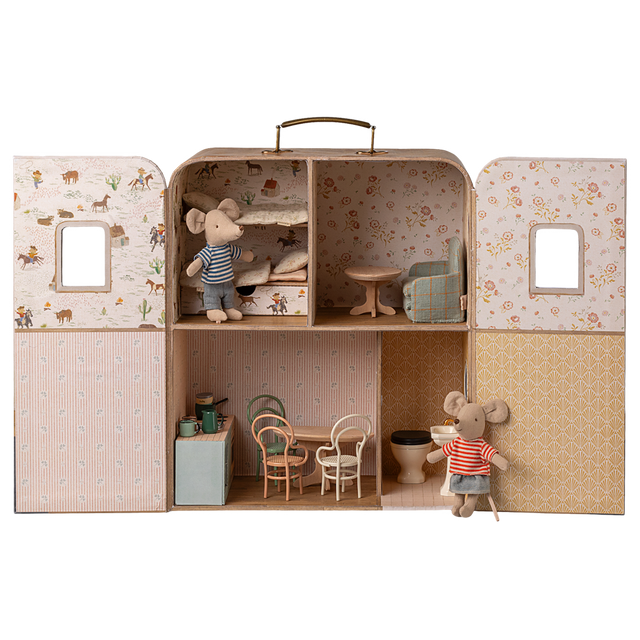 Dollhouse shaped like a suitcase, featuring mouse figurines. It has a cozy bedroom, a living area, and a kitchen, evoking a playful and quaint charm.