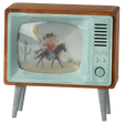 Vintage TV model with wooden frame and aqua trim displaying a cowboy on a horse in a desert scene with a cactus, evoking nostalgia.