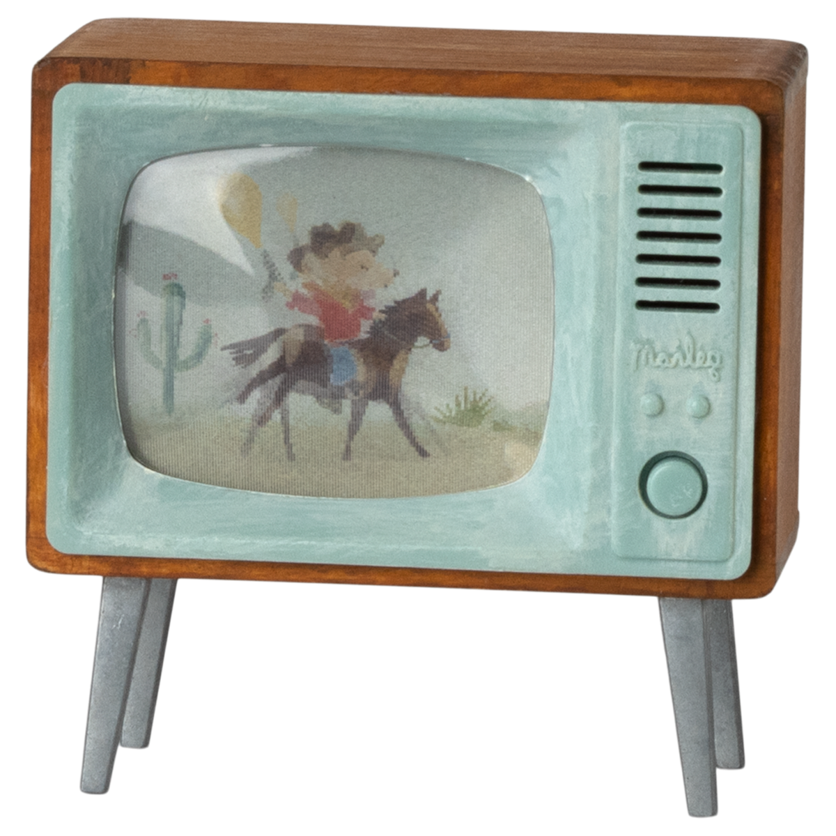 Vintage TV model with wooden frame and aqua trim displaying a cowboy on a horse in a desert scene with a cactus, evoking nostalgia.