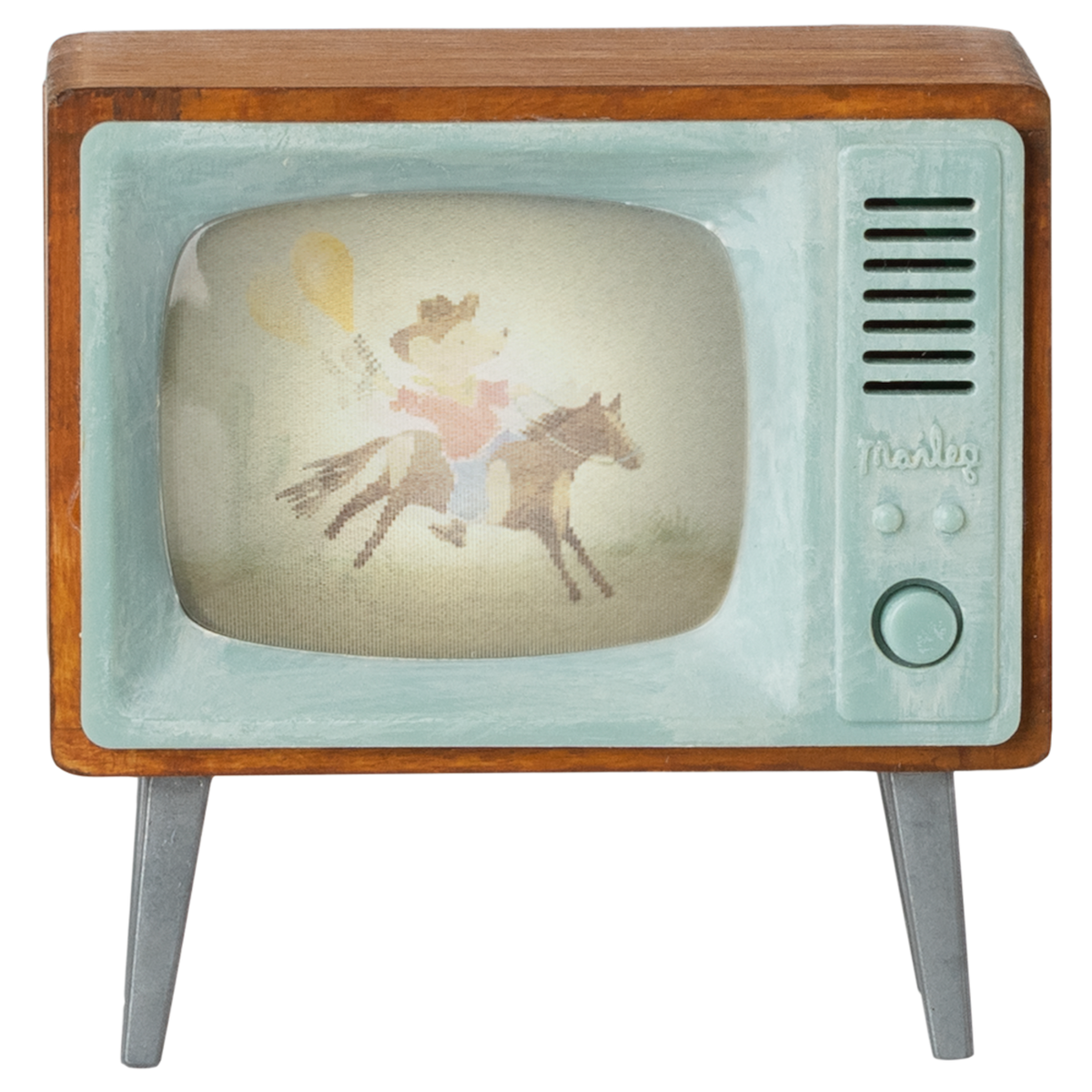 Vintage toy TV with wooden frame and teal accents displays an illustration of a cowboy mouse riding a horse, conveying nostalgia and whimsy.
