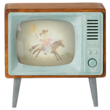 Vintage toy TV with wooden frame and teal accents displays an illustration of a cowboy mouse riding a horse, conveying nostalgia and whimsy.