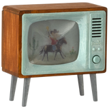 Retro-style model television with a wood frame, pale green front, and metal legs. Screen shows a cowboy on a horse near cacti, evoking vintage charm.