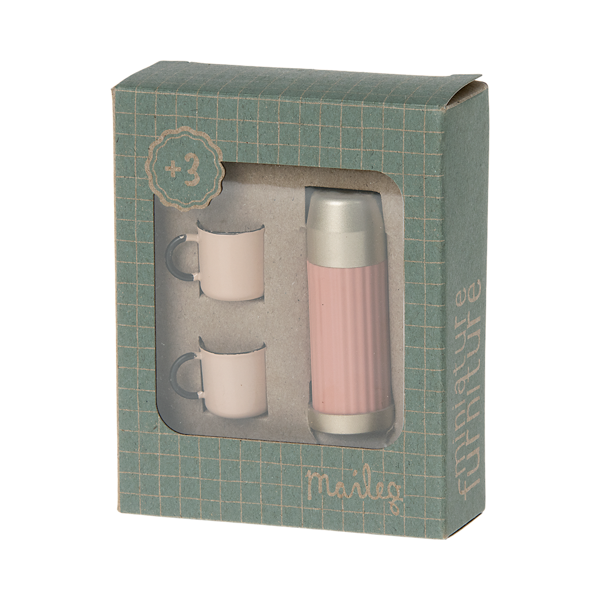 A stylish pink thermos with a gold lid and two matching pastel cups in white background.
