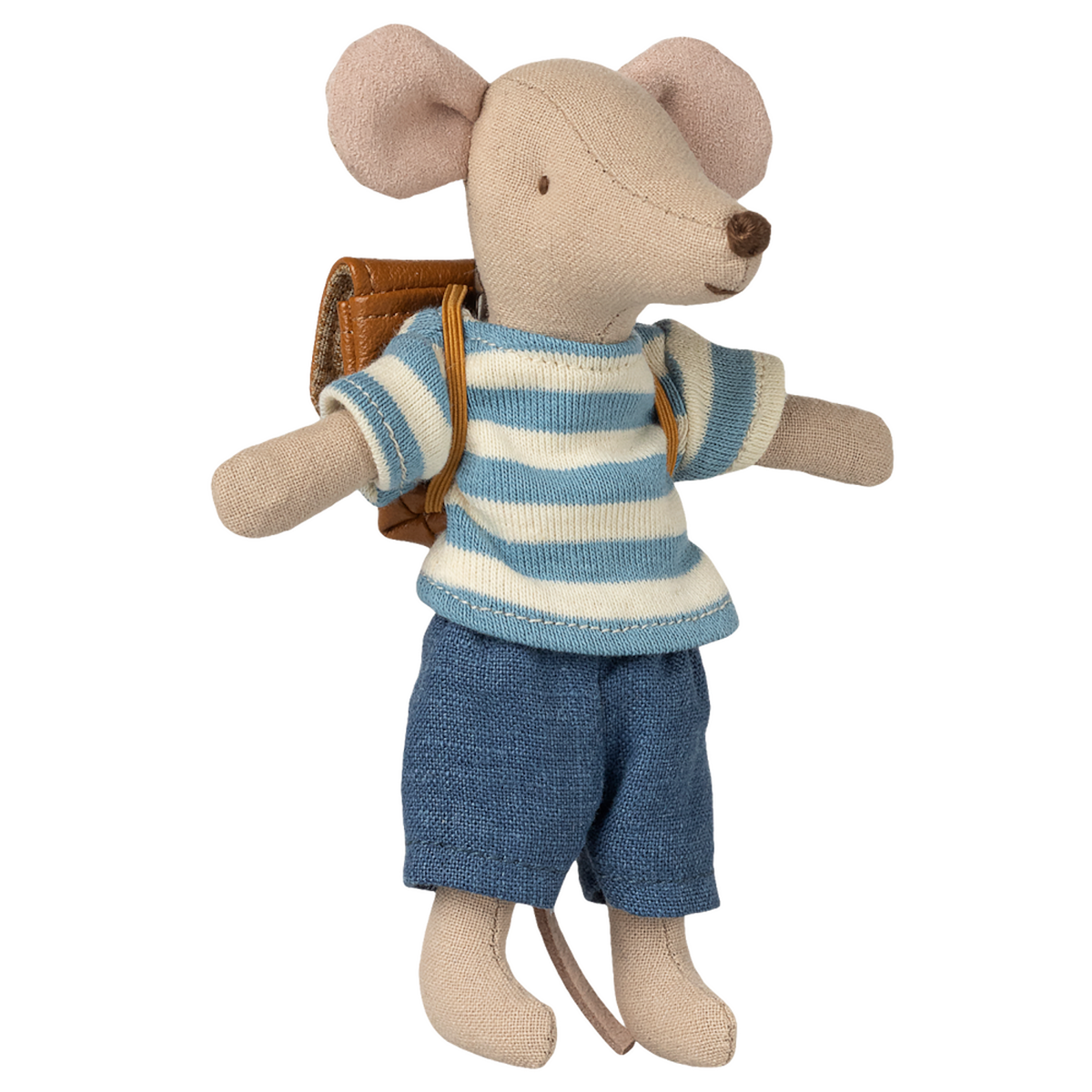 A plush toy mouse wearing a blue and white striped shirt, blue shorts, and a brown backpack. The mouse conveys a playful, adventurous tone.
