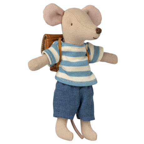 A plush toy mouse wearing a blue and white striped shirt, blue shorts, and a brown backpack. The mouse conveys a playful, adventurous tone.