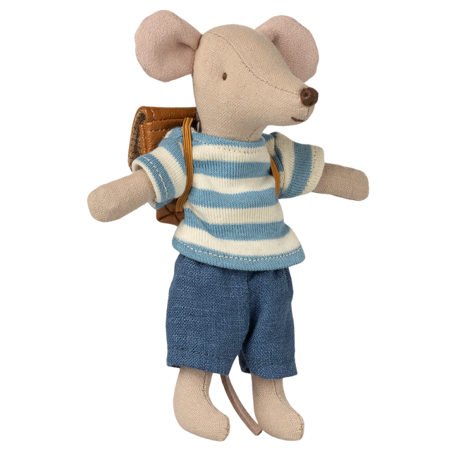 A plush toy mouse wearing a blue and white striped shirt, blue shorts, and a brown backpack. The mouse conveys a playful, adventurous tone.