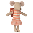 A cute fabric mouse doll wearing a striped shirt, checkered skirt, and a backpack. The doll conveys a playful and cheerful tone against a white background.
