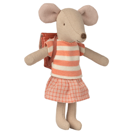 A cute fabric mouse doll wearing a striped shirt, checkered skirt, and a backpack. The doll conveys a playful and cheerful tone against a white background.