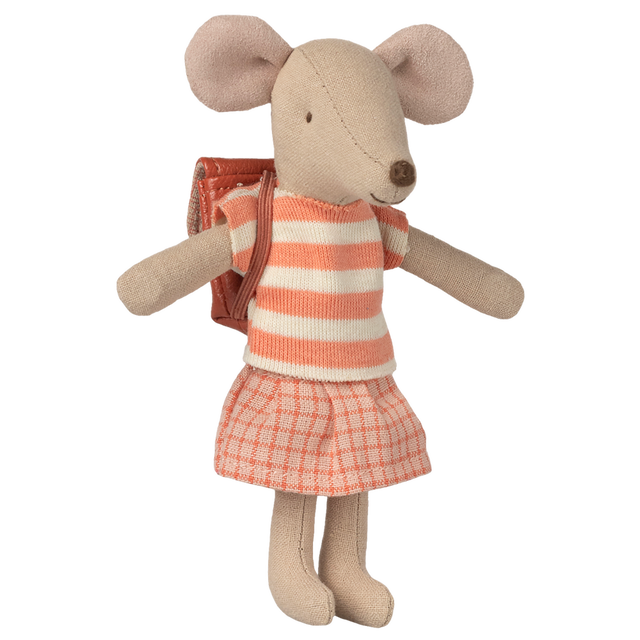A cute fabric mouse doll wearing a striped shirt, checkered skirt, and a backpack. The doll conveys a playful and cheerful tone against a white background.