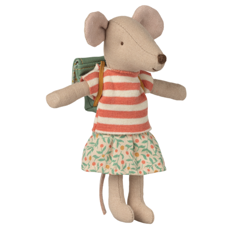 Plush mouse toy wearing a red-striped top and floral skirt, with a teal backpack. The toy's neutral expression conveys a whimsical charm.
