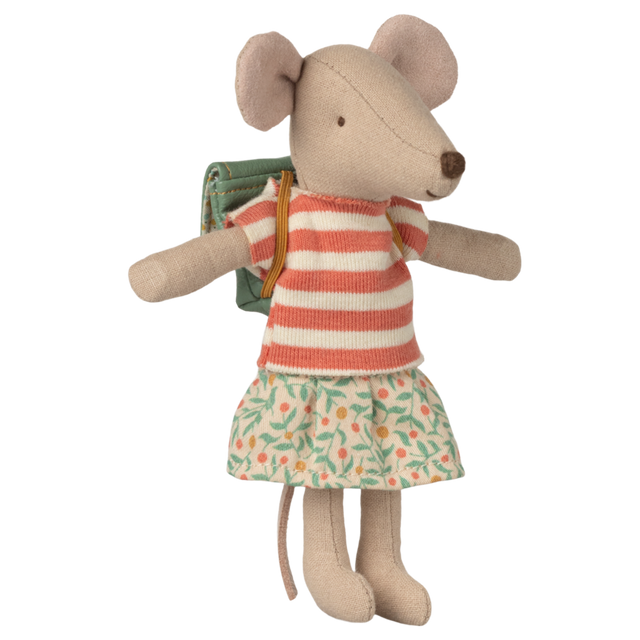 Plush mouse toy wearing a red-striped top and floral skirt, with a teal backpack. The toy's neutral expression conveys a whimsical charm.