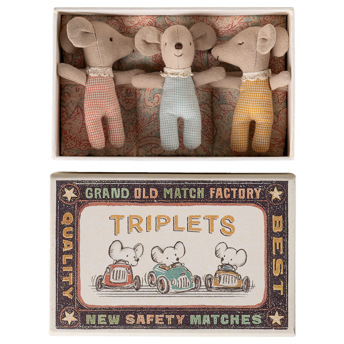 Three plush toy mice wearing red, blue, and yellow outfits lie in a decorative box labeled "TRIPLETS" with vintage-style graphics of mice driving cars.