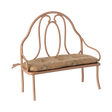 Vintage-style miniature wrought iron bench with a light brown, floral-patterned cushion. The elegant curves of the metal frame add a classic charm.