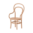 Miniature curved wooden chair with a woven seat and elegant looping backrest. Beige color with flowing lines, conveying a classic, stylish appeal.