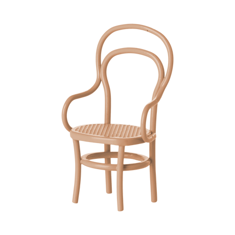 Miniature curved wooden chair with a woven seat and elegant looping backrest. Beige color with flowing lines, conveying a classic, stylish appeal.