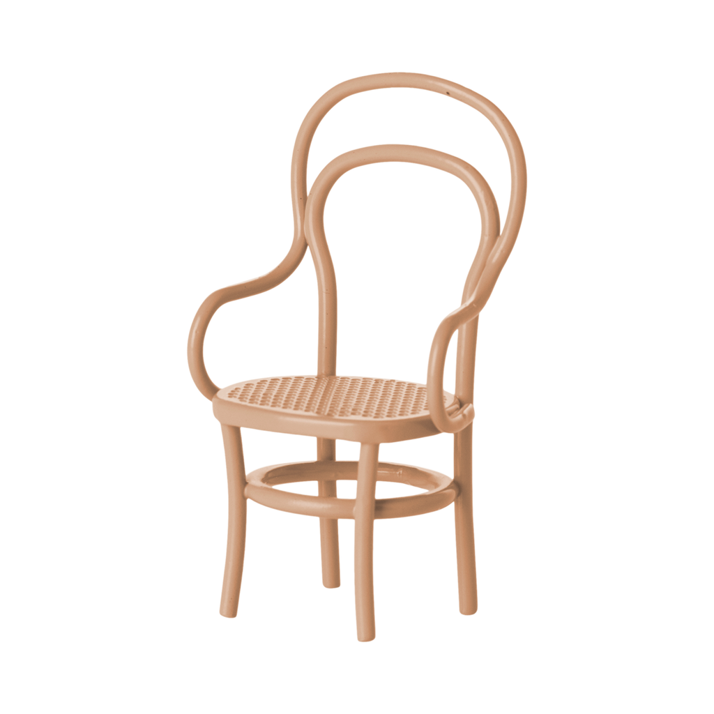 Miniature curved wooden chair with a woven seat and elegant looping backrest. Beige color with flowing lines, conveying a classic, stylish appeal.