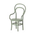 A miniature mint green chair with a woven seat and intricate curved backrest design. The chair has a vintage, elegant style against a white background.