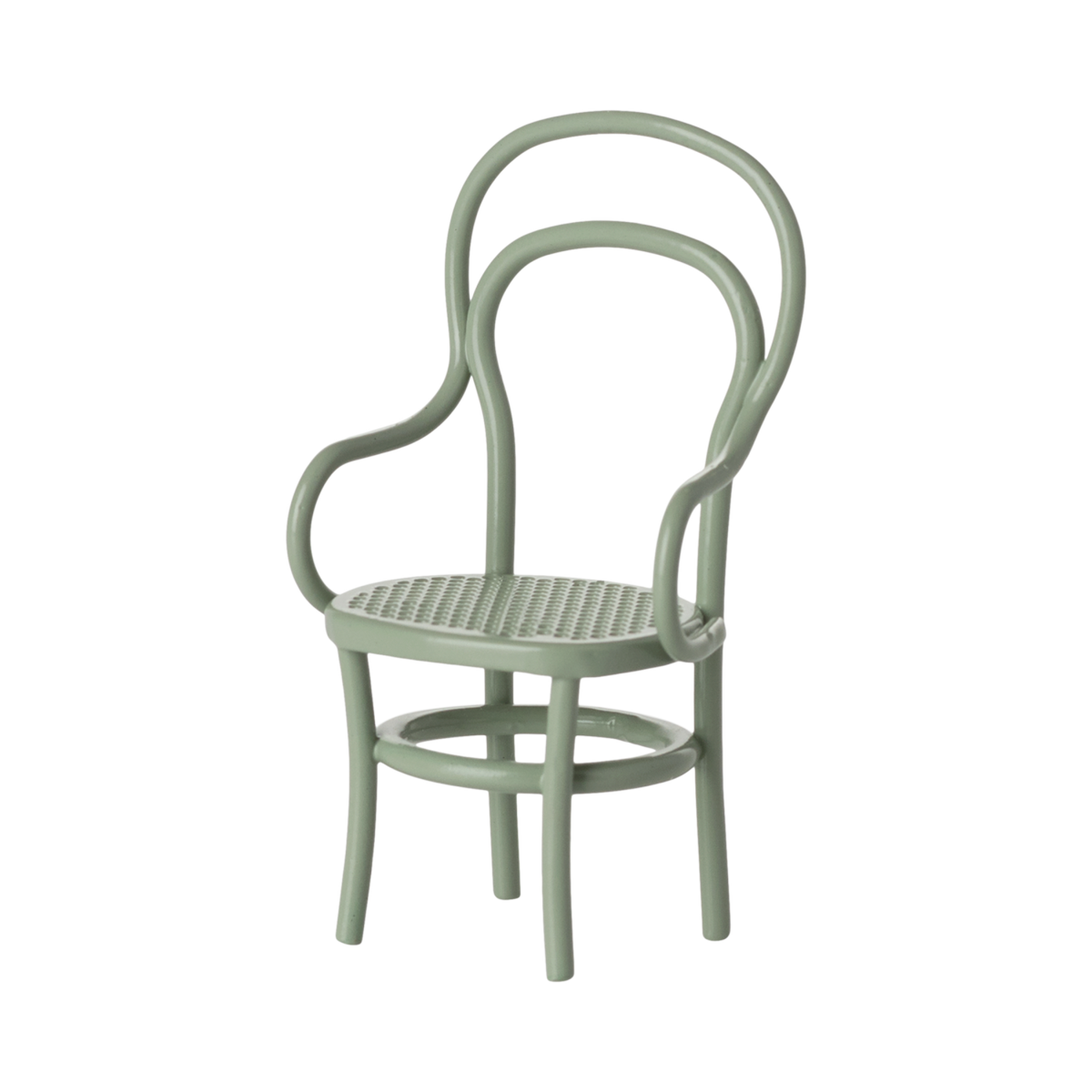A miniature mint green chair with a woven seat and intricate curved backrest design. The chair has a vintage, elegant style against a white background.