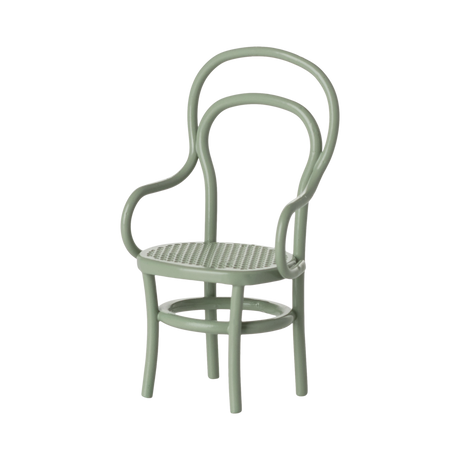 A miniature mint green chair with a woven seat and intricate curved backrest design. The chair has a vintage, elegant style against a white background.