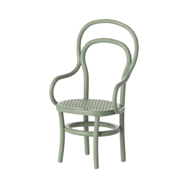A miniature mint green chair with a woven seat and intricate curved backrest design. The chair has a vintage, elegant style against a white background.