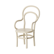 A cream-colored, miniature elegant chair with a rounded, looped backrest and unique woven seat design. Its curved arms and legs add a classic, artistic feel.