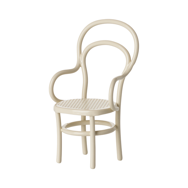 A cream-colored, miniature elegant chair with a rounded, looped backrest and unique woven seat design. Its curved arms and legs add a classic, artistic feel.