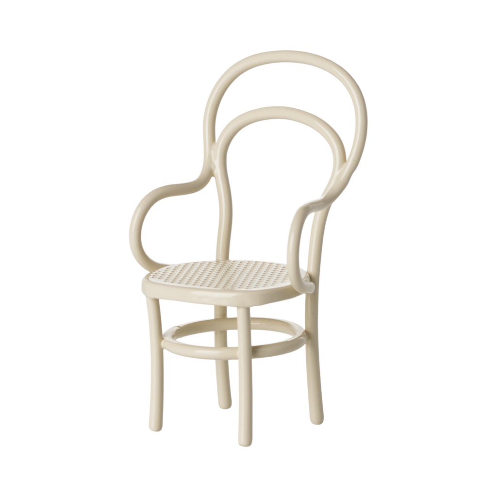 A cream-colored, miniature elegant chair with a rounded, looped backrest and unique woven seat design. Its curved arms and legs add a classic, artistic feel.