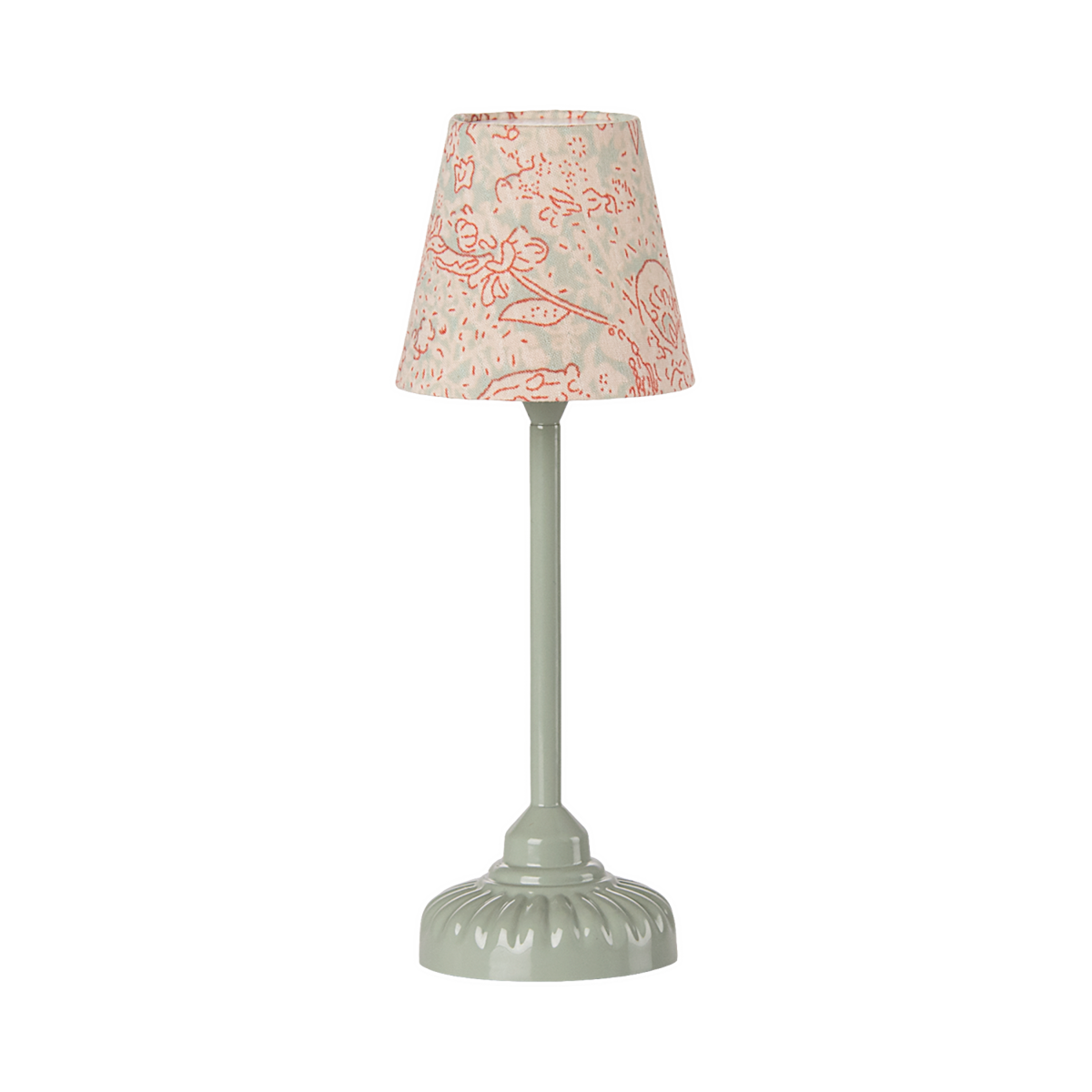 Elegant miniature table lamp with a smooth, green base and a fabric shade adorned with delicate red floral patterns, conveying a classic, cozy ambiance.