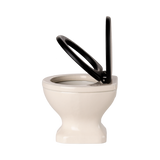 A miniature, white ceramic toilet with a black seat and lid open, set against a plain black background, conveying a quirky and playful tone.