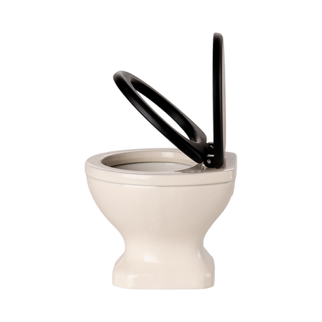 A miniature, white ceramic toilet with a black seat and lid open, set against a plain black background, conveying a quirky and playful tone.