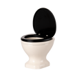 A miniature, white ceramic toilet with a black seat and lid open, set against a plain black background, conveying a quirky and playful tone.