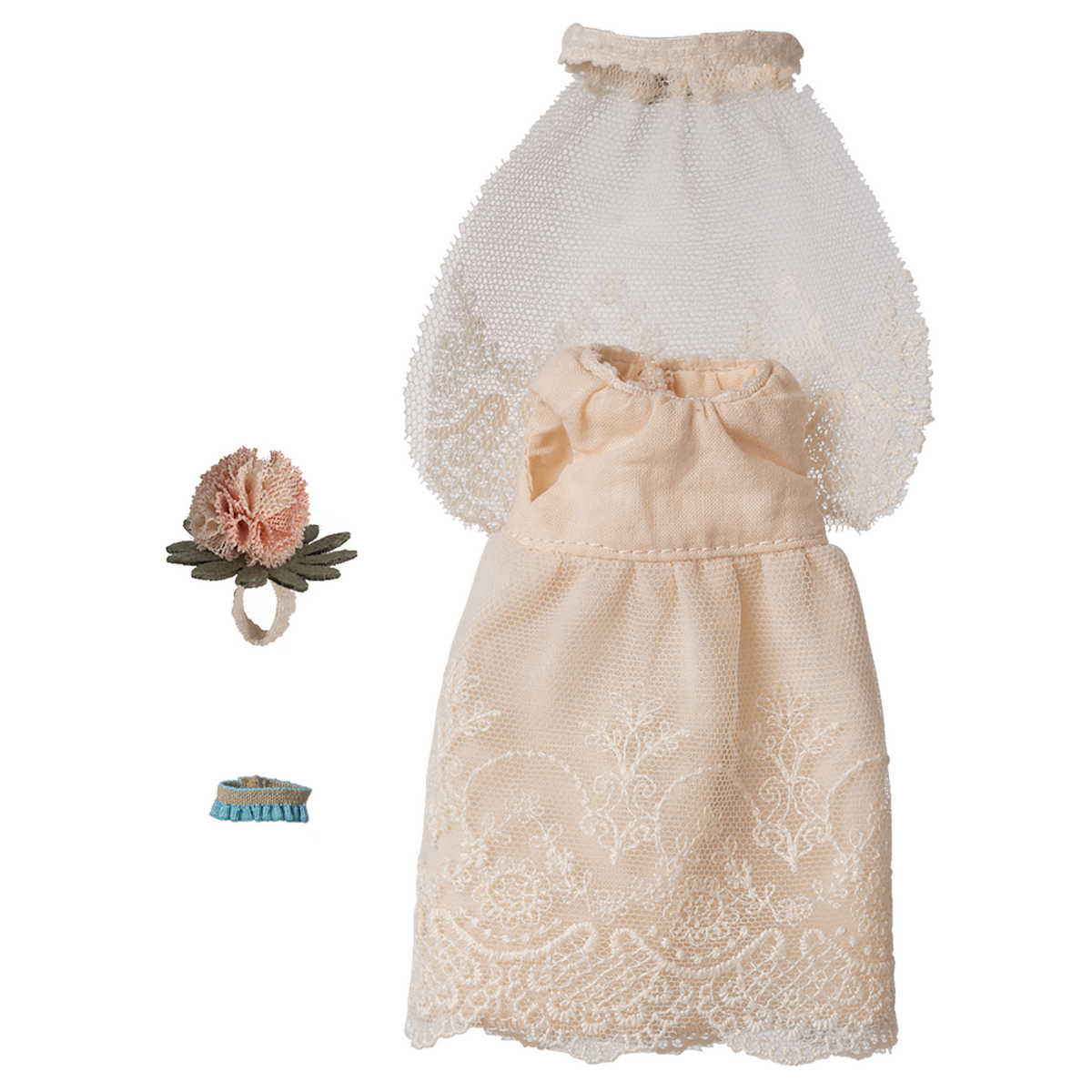 Delicate pink lace doll dress with a flared skirt, flowery headpiece, and light blue garter, set against a white background.