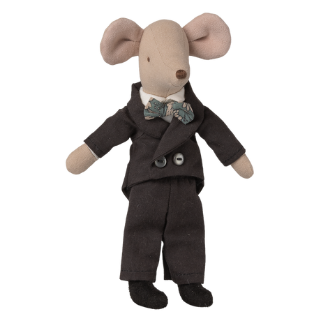 A plush mouse doll wears a dark suit with gray buttons and a patterned bow tie, exuding a charming, sophisticated look against a white background.