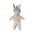 A plush rabbit toy wearing a knit blue hat with a pom-pom, a blue and beige sweater, and light blue pants, conveying a cozy and playful vibe.