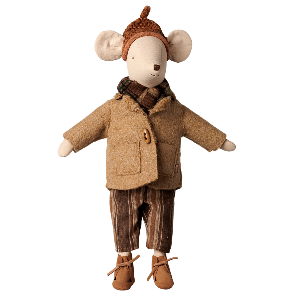 Maileg medium mouse plush toy wearing a brown winter jacket, plaid scarf, striped pants, and a knit hat.