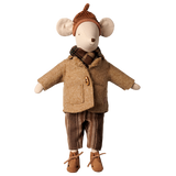 Maileg medium mouse plush toy wearing a brown winter jacket, plaid scarf, striped pants, and a knit hat.