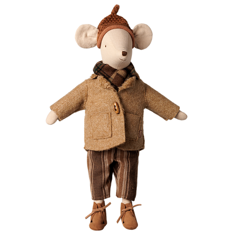 Maileg medium mouse plush toy wearing a brown winter jacket, plaid scarf, striped pants, and a knit hat.