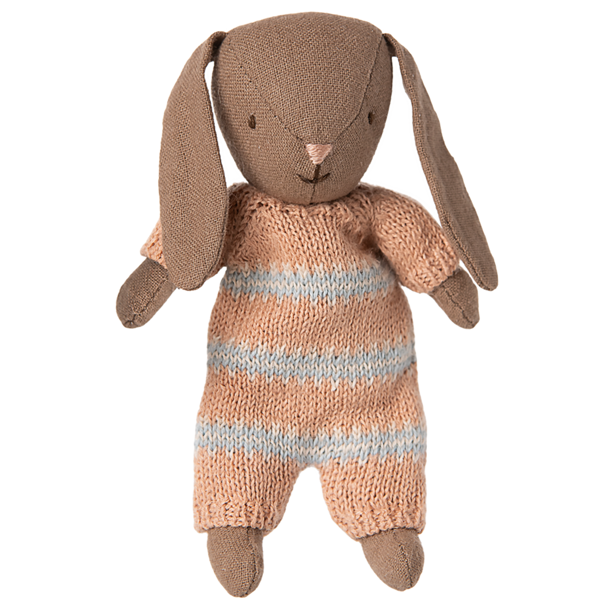 Brown Maileg micro bunny plush toy wearing a dusty rose and light blue striped knitted suit on a white  background.